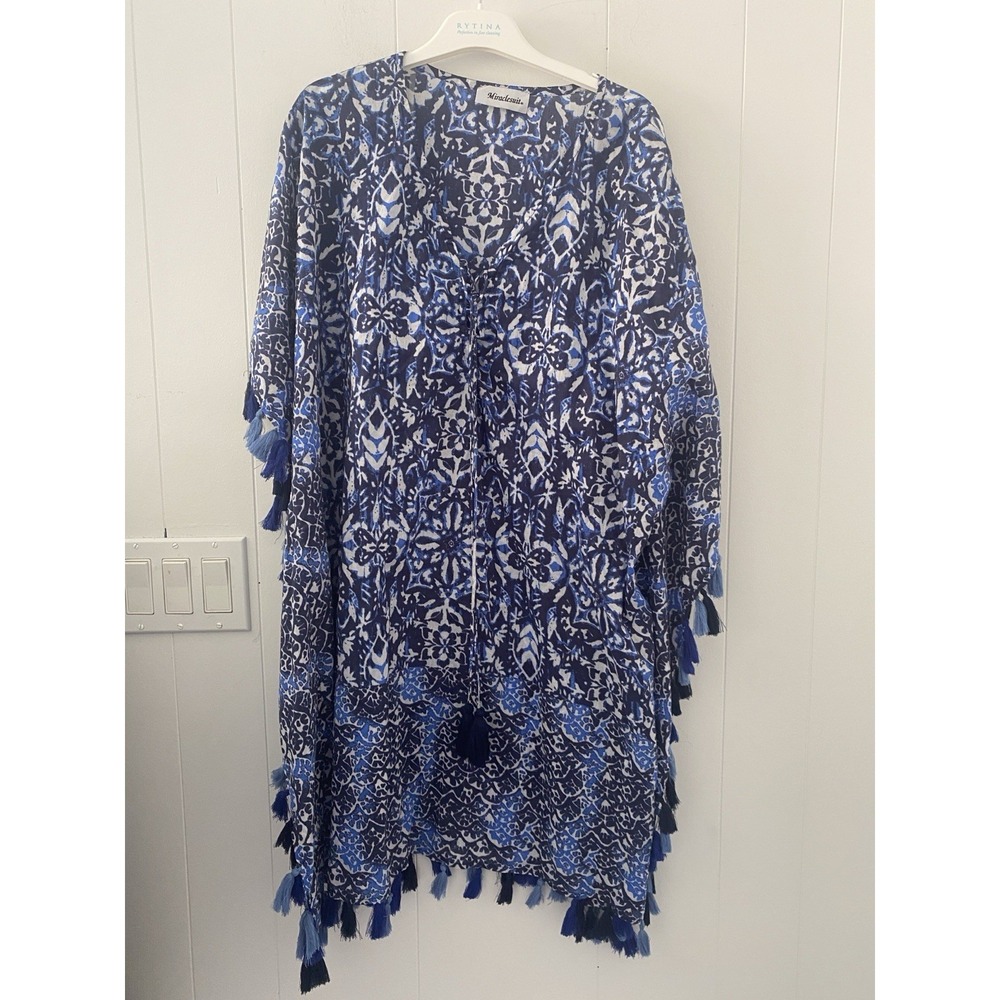 Miraclesuit Majorca Cotton Kaftan Cover Up Blue Mosaic Tassel Medallion M New!